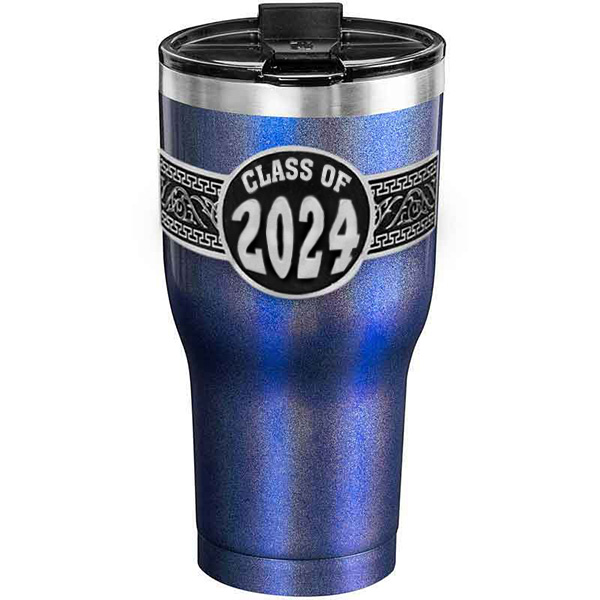 A customized tumbler made of stainless steel with a personalized engraved Class of 2024 lettering, 30 oz, ideal for coffee or cool drinks